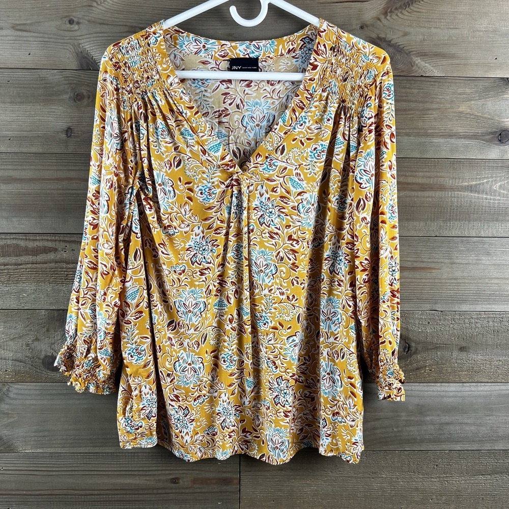JNY Jones New York Womens Shirt 3/4 Sleeve Vneck Floral Smocked Prairie 1X